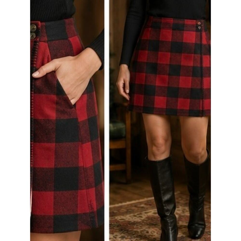 Woolrich Richville Buffalo Plaid Wrap Skirt Red Black Wool Size 8 - Picture 2 of 8